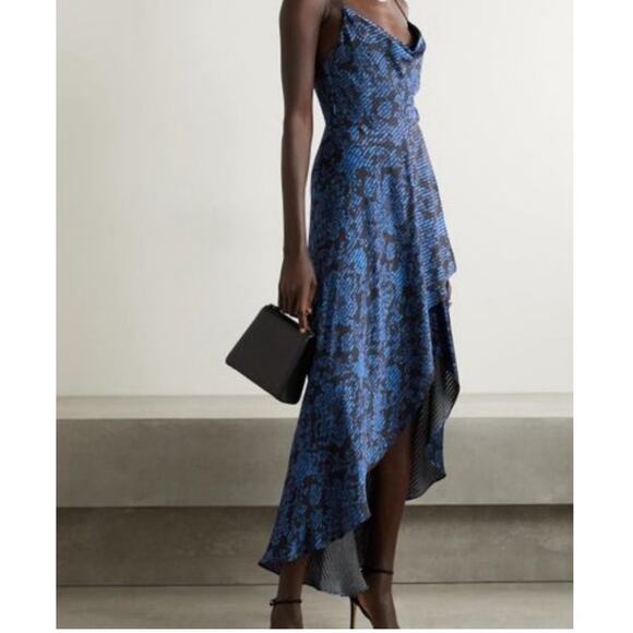 Alice + Olivia Christina Hi‑Lo Dress Size 6 Winter Palace Cowl Neck blue black - Picture 1 of 14